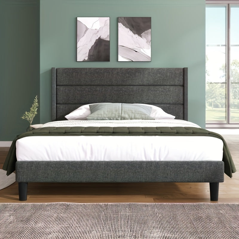 Upholstered Bed 140 X 200 Cm, Bed Frame With Slatted Frame And Headboard, Upholstered Double Bed, Dark Grey Textile Bed Sheet, Timeless Modern Design, Guest Room Bed (without Mattress)