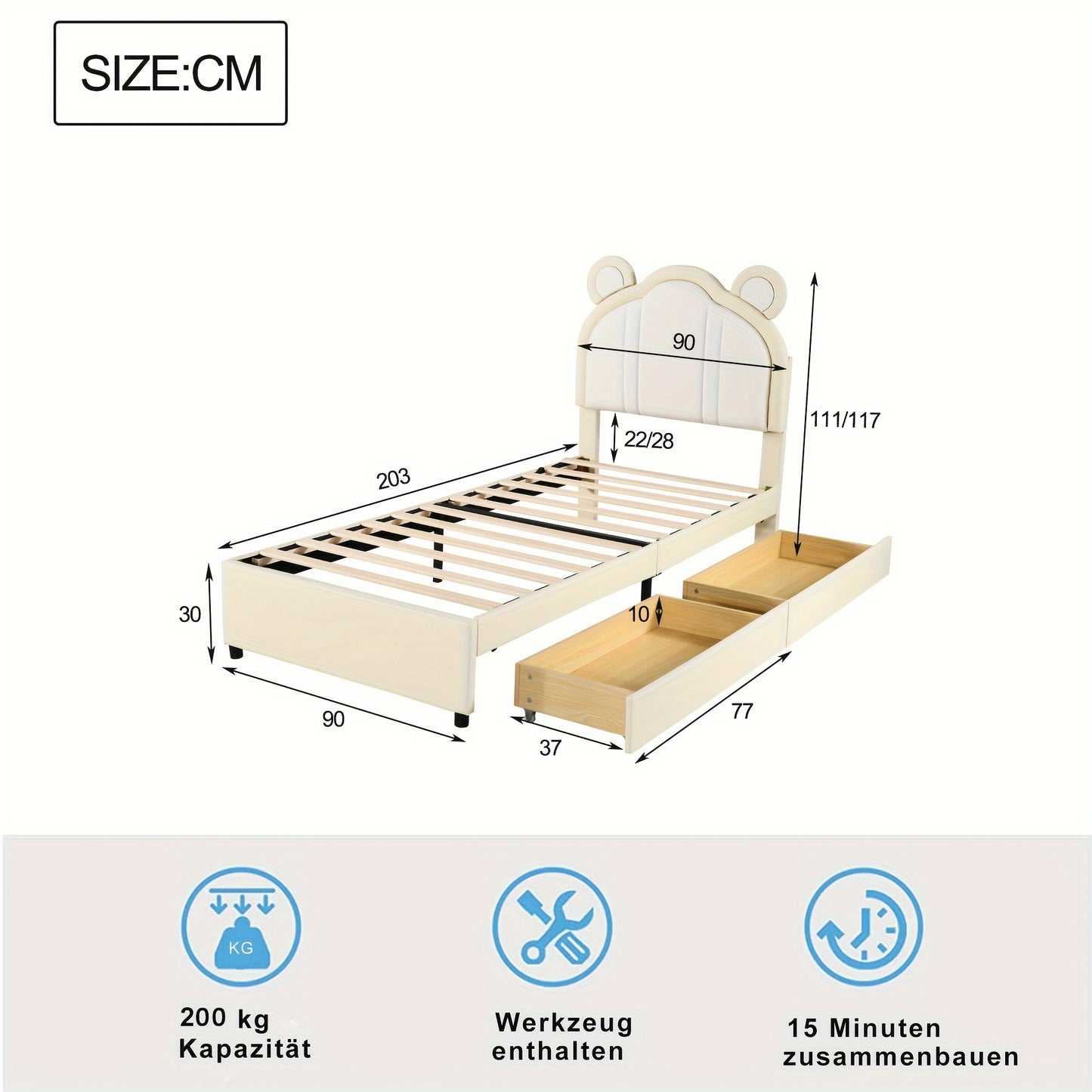 Modern Beige Dual-Tone Single Bed with Cute Ear Design & Storage - Soft, Comfortable Faux Leather Fabric, Easy Clean