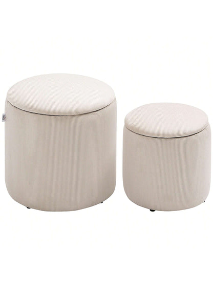 Lot de 2 poufs tabourets repose-pieds coffre de rangement en tissu aspect velours côtelé Ø40 cm et Ø30 cm, blanc