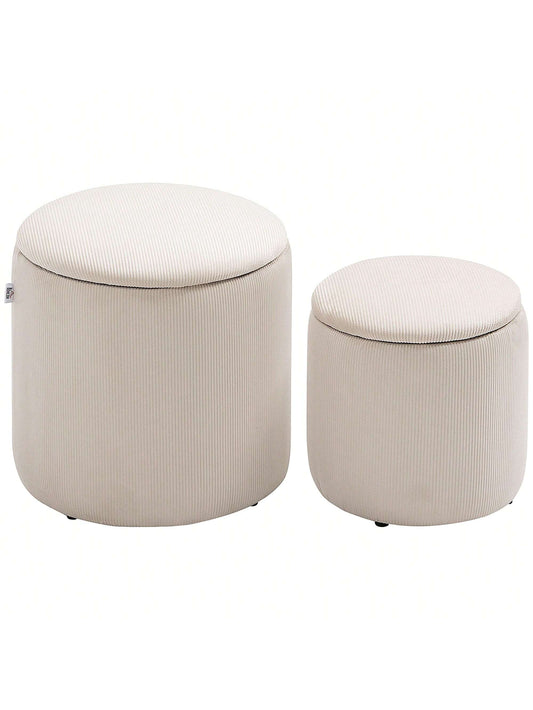 Lot de 2 poufs tabourets repose-pieds coffre de rangement en tissu aspect velours côtelé Ø40 cm et Ø30 cm, blanc