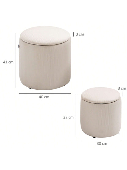 Lot de 2 poufs tabourets repose-pieds coffre de rangement en tissu aspect velours côtelé Ø40 cm et Ø30 cm, blanc