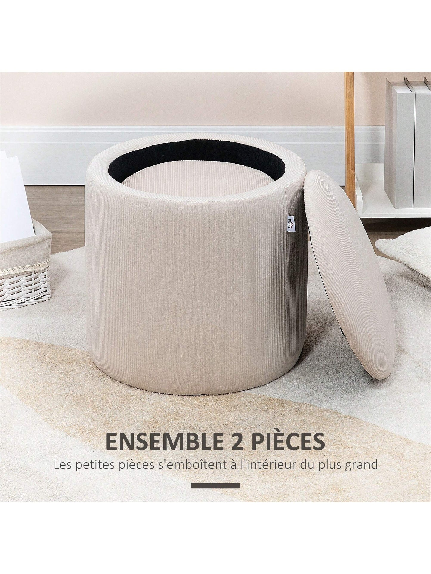 Lot de 2 poufs tabourets repose-pieds coffre de rangement en tissu aspect velours côtelé Ø40 cm et Ø30 cm, blanc