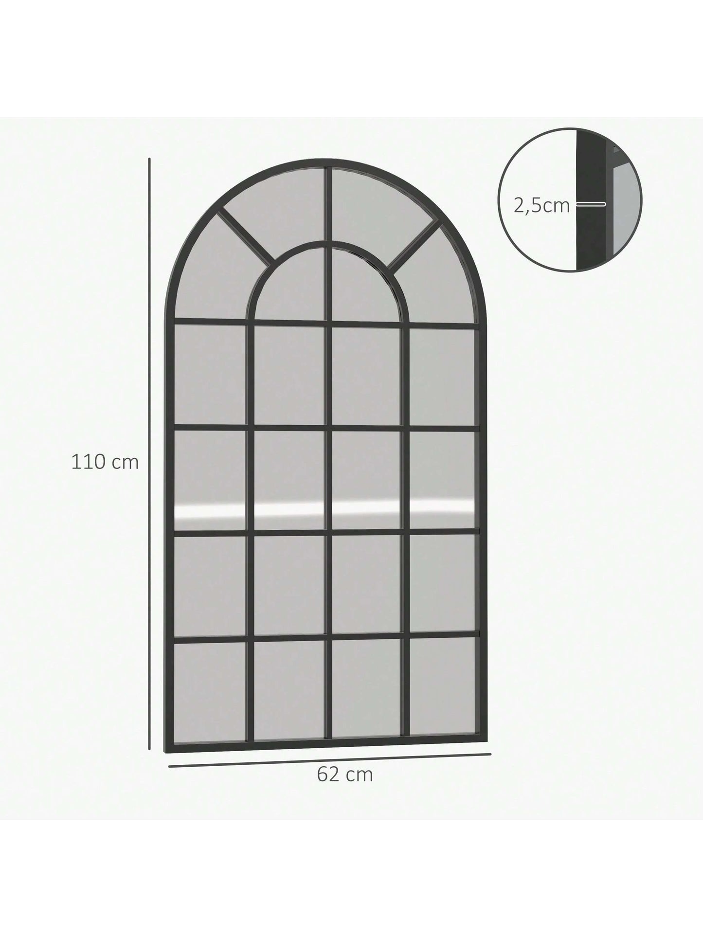 Miroir verrière arche style industriel fenêtre arcade métal noir - 110 x 62 cm