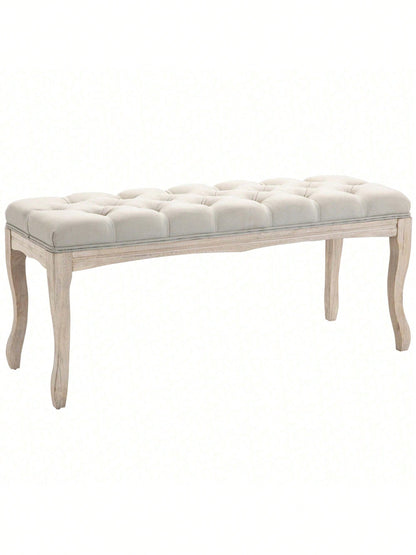 HOMCOM Banc Banquette capitonnée Style Classique 110 cm Bout de lit Rembourrée en lin piètement Bois hévéa sculpté Lin Beige