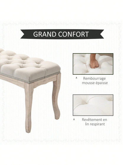 HOMCOM Banc Banquette capitonnée Style Classique 110 cm Bout de lit Rembourrée en lin piètement Bois hévéa sculpté Lin Beige