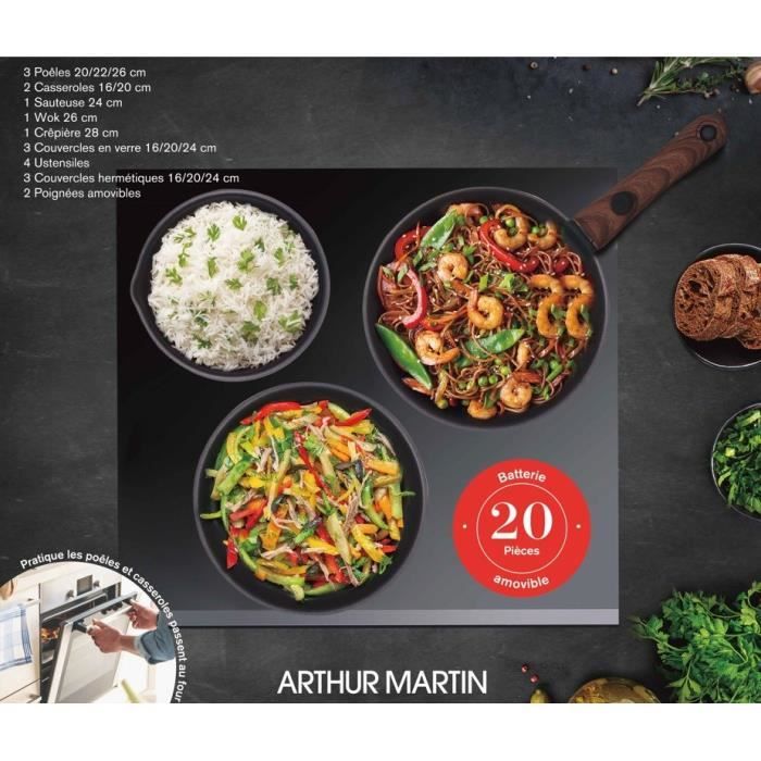 Batterie de cuisine - Tous feux dont induction - Arthur Martin - AM0530 - Aluminium - Anti-adhésif - 20 pieces - Poignée amovible