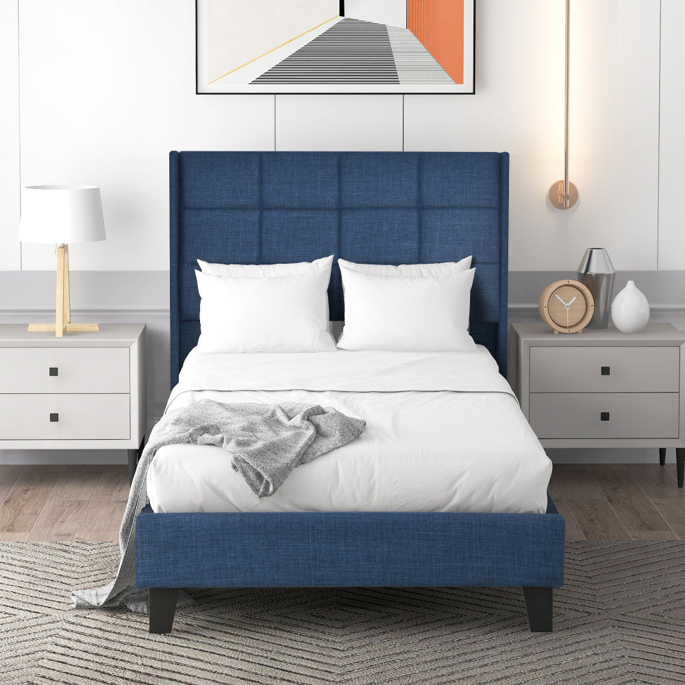 Upholstered bed 90x200 cm, bed modern design, with upholstered headboard Single bed with slatted frame, linen, medium firmness Blue (mattress not included)