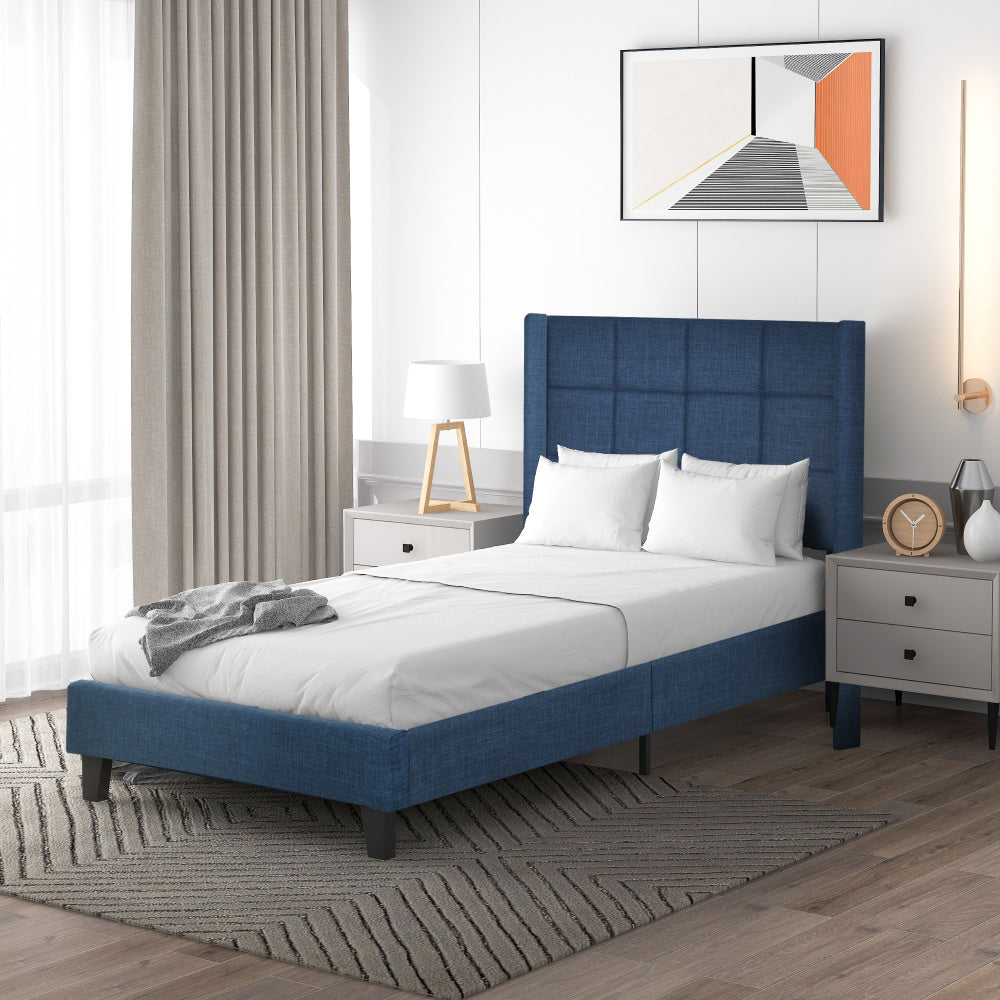 Upholstered bed 90x200 cm, bed modern design, with upholstered headboard Single bed with slatted frame, linen, medium firmness Blue (mattress not included)