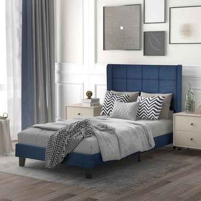 Upholstered bed 90x200 cm, bed modern design, with upholstered headboard Single bed with slatted frame, linen, medium firmness Blue (mattress not included)