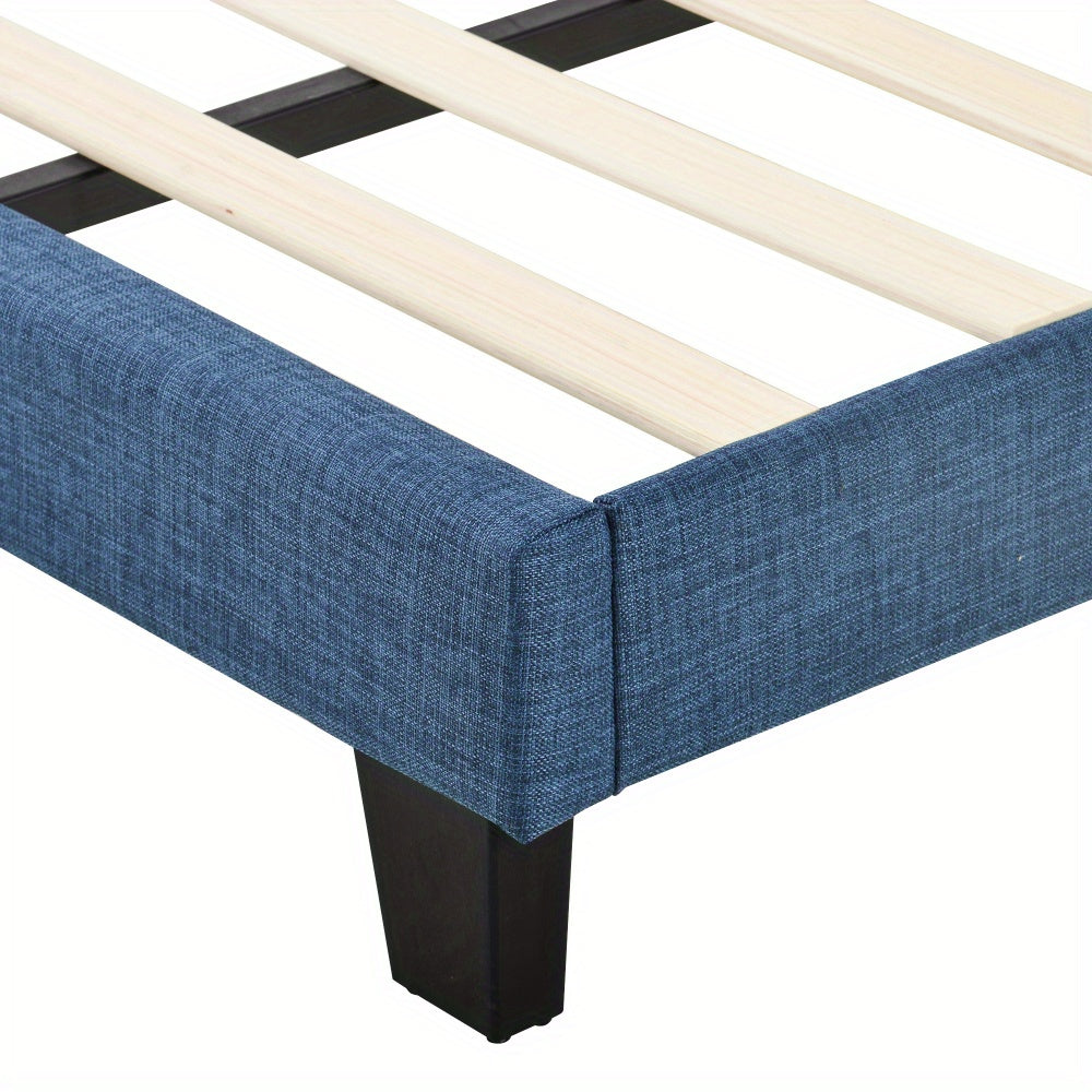 Upholstered bed 90x200 cm, bed modern design, with upholstered headboard Single bed with slatted frame, linen, medium firmness Blue (mattress not included)