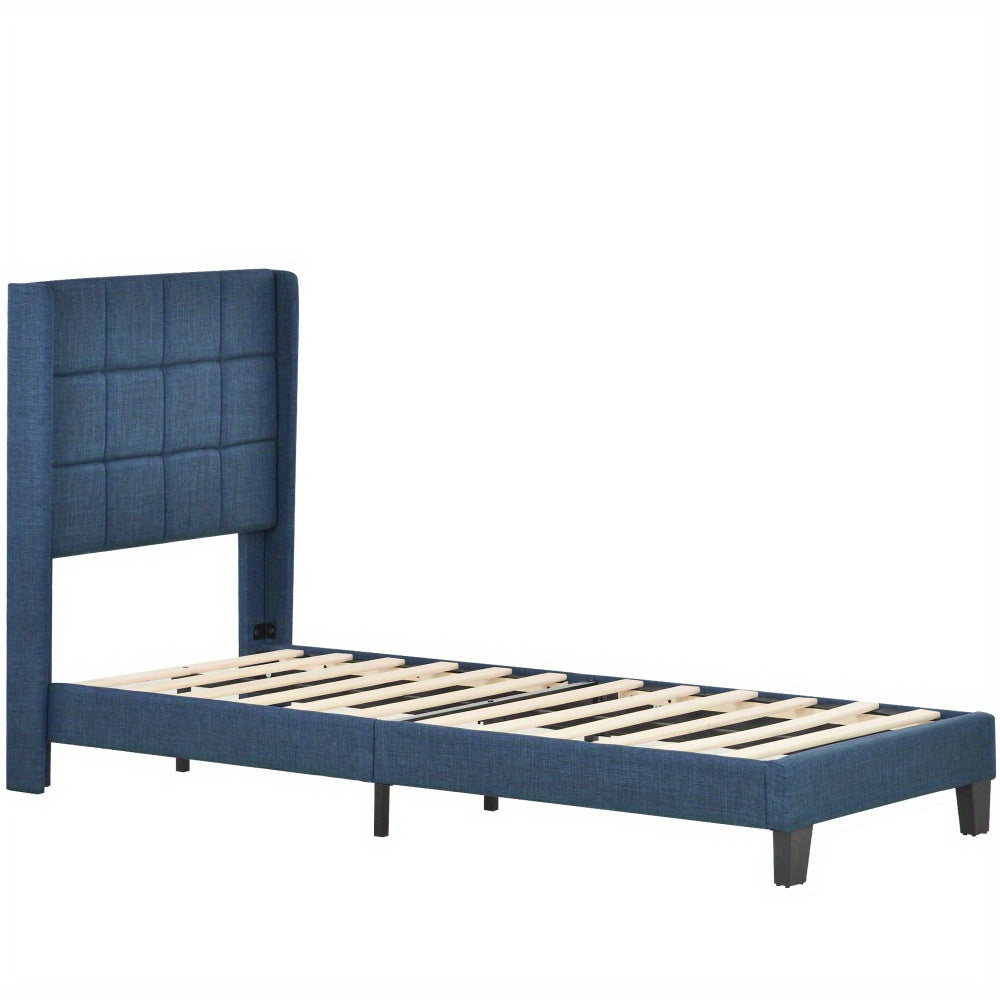 Upholstered bed 90x200 cm, bed modern design, with upholstered headboard Single bed with slatted frame, linen, medium firmness Blue (mattress not included)