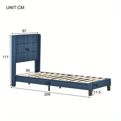 Upholstered bed 90x200 cm, bed modern design, with upholstered headboard Single bed with slatted frame, linen, medium firmness Blue (mattress not included)