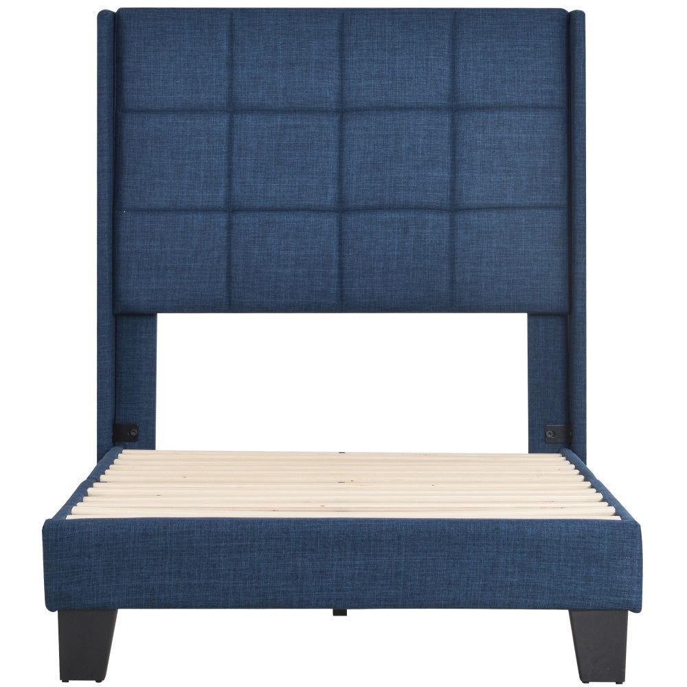 Upholstered bed 90x200 cm, bed modern design, with upholstered headboard Single bed with slatted frame, linen, medium firmness Blue (mattress not included)