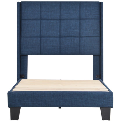 Upholstered bed 90x200 cm, bed modern design, with upholstered headboard Single bed with slatted frame, linen, medium firmness Blue (mattress not included)