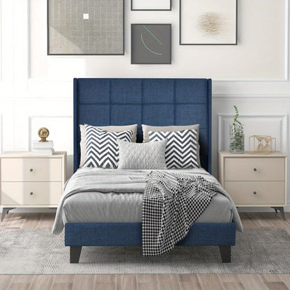 Upholstered bed 90x200 cm, bed modern design, with upholstered headboard Single bed with slatted frame, linen, medium firmness Blue (mattress not included)