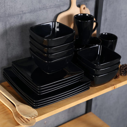 Service de table carré en porcelaine de céramique noire 16 pièces avec assiette plate, assiette à dessert, bol, tasse pour 4 personnes