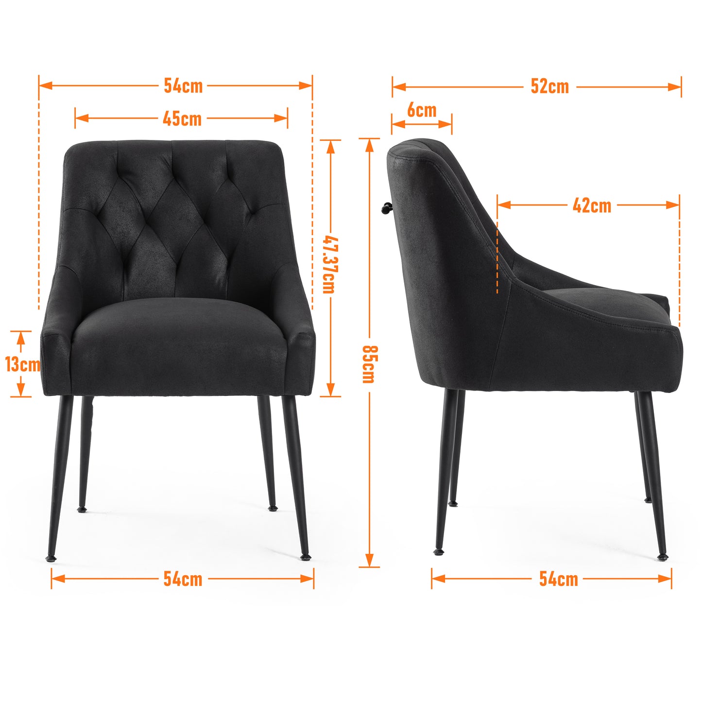 Ensemble de 2 chaises de salle à manger modernes DYHOME, chaises de salle à manger de cuisine du milieu du siècle avec coussins de 13.0 cm et pieds en métal, chaises de salle à manger rembourrées avec barre de traction arrière pour cuisine, salon (noir)