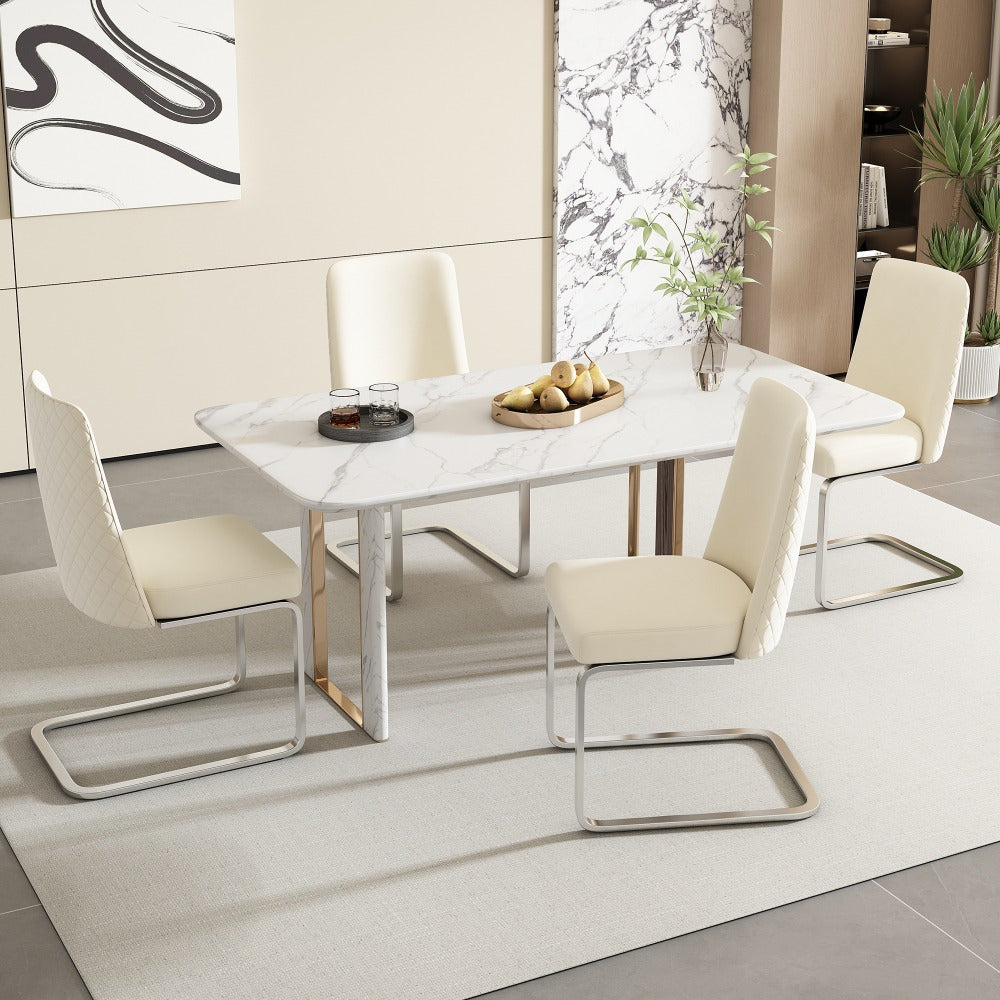 Chaise de salle à manger Samt, ensemble de 2, luxueuse, salon, chambre à coucher, fauteuil de salon, design à dossier en diamant, avec pieds de support en métal argenté, beige