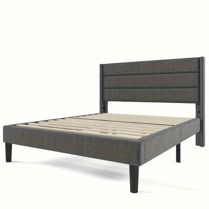 Upholstered Bed 140 X 200 Cm, Bed Frame With Slatted Frame And Headboard, Upholstered Double Bed, Dark Grey Textile Bed Sheet, Timeless Modern Design, Guest Room Bed (without Mattress)