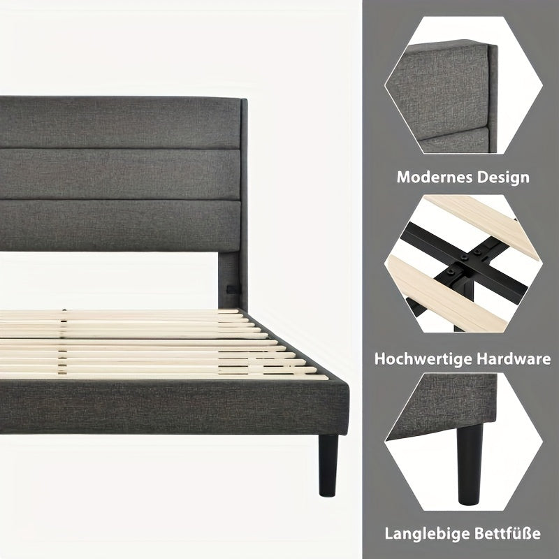 Upholstered Bed 140 X 200 Cm, Bed Frame With Slatted Frame And Headboard, Upholstered Double Bed, Dark Grey Textile Bed Sheet, Timeless Modern Design, Guest Room Bed (without Mattress)