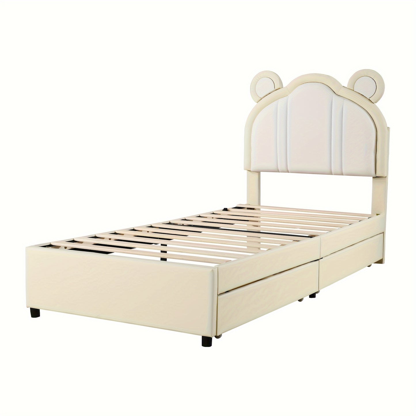 Modern Beige Dual-Tone Single Bed with Cute Ear Design & Storage - Soft, Comfortable Faux Leather Fabric, Easy Clean