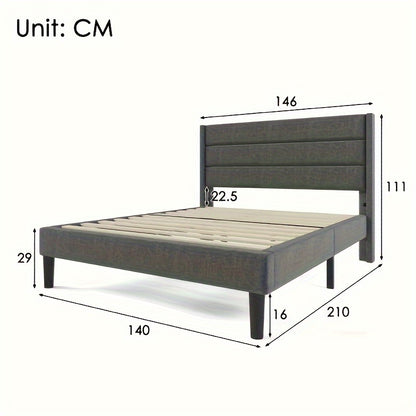 Upholstered Bed 140 X 200 Cm, Bed Frame With Slatted Frame And Headboard, Upholstered Double Bed, Dark Grey Textile Bed Sheet, Timeless Modern Design, Guest Room Bed (without Mattress)