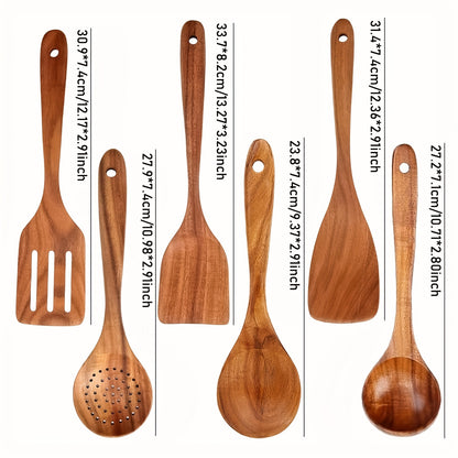 Ensemble de 6 Ustensiles de Cuisine en Bois - Cuillères et Spatules de Cuisine Antiadhésives, Essentiels pour la Maison et le Restaurant