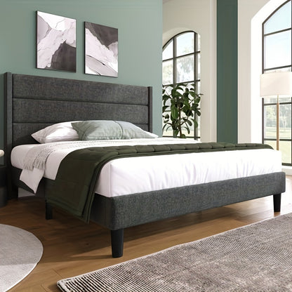 Upholstered Bed 140 X 200 Cm, Bed Frame With Slatted Frame And Headboard, Upholstered Double Bed, Dark Grey Textile Bed Sheet, Timeless Modern Design, Guest Room Bed (without Mattress)