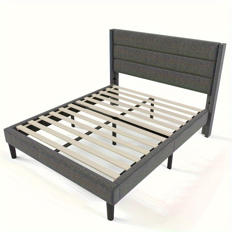 Upholstered Bed 140 X 200 Cm, Bed Frame With Slatted Frame And Headboard, Upholstered Double Bed, Dark Grey Textile Bed Sheet, Timeless Modern Design, Guest Room Bed (without Mattress)