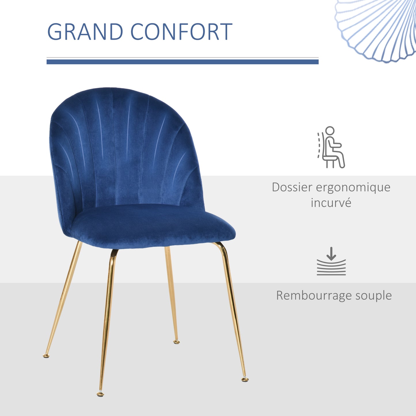 HOMCOM Lot de 2 chaises de salle à manger assise aspect velours et pieds métal doré - bleu