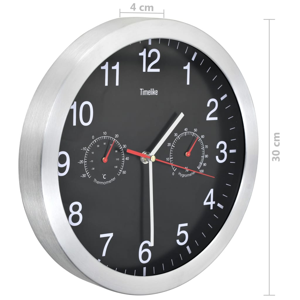 vidaXL Horloge murale à quartz Hygromètre et thermomètre 30 cm Noir