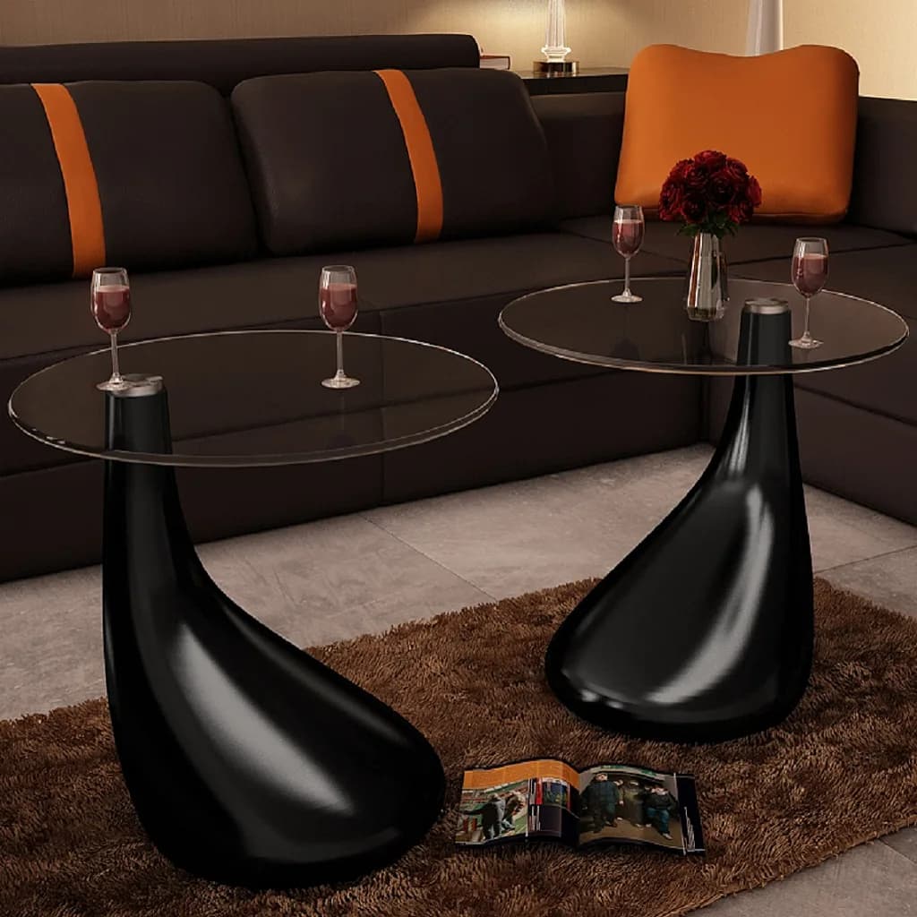 Table basse et dessus de table Verre rond Noir brillant 2 pcs