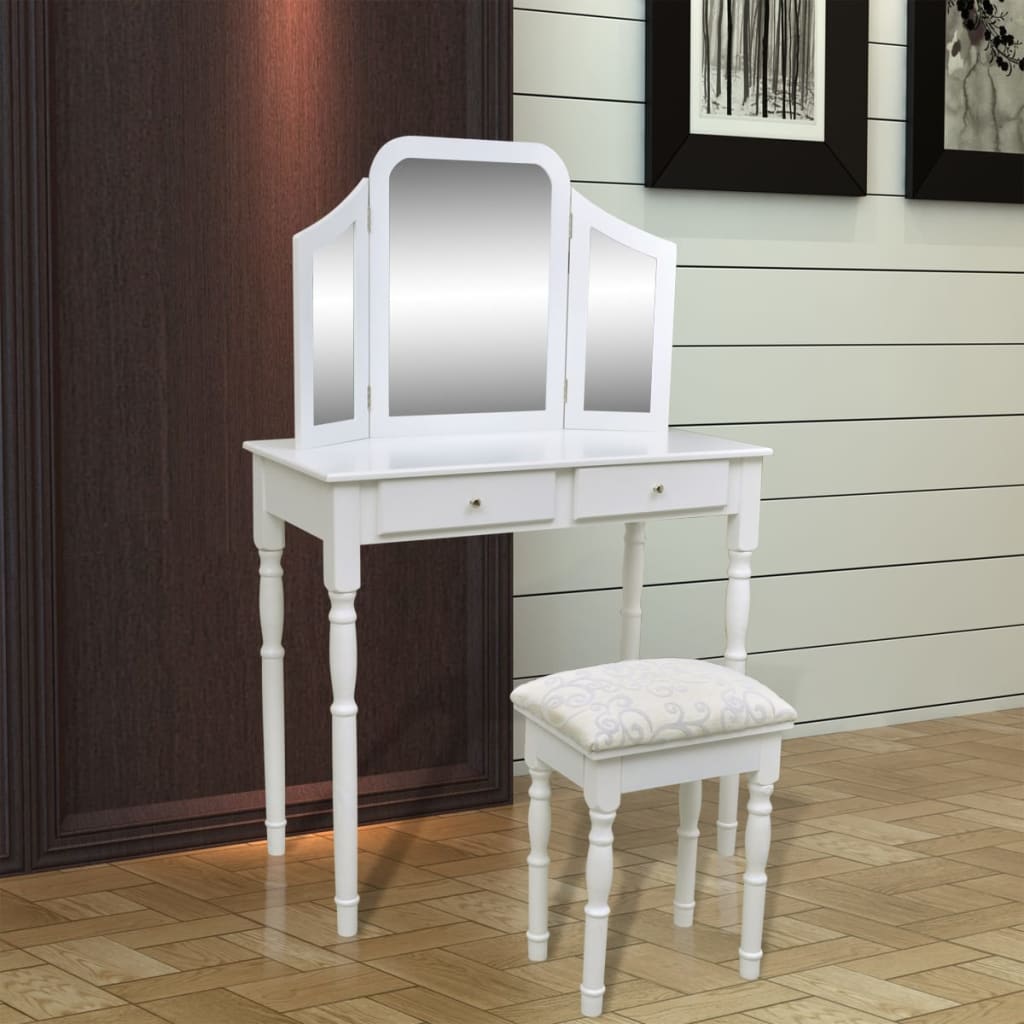 Coiffeuse avec miroir et tabouret 2 tiroirs Blanc