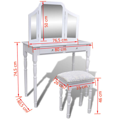 Coiffeuse avec miroir et tabouret 2 tiroirs Blanc