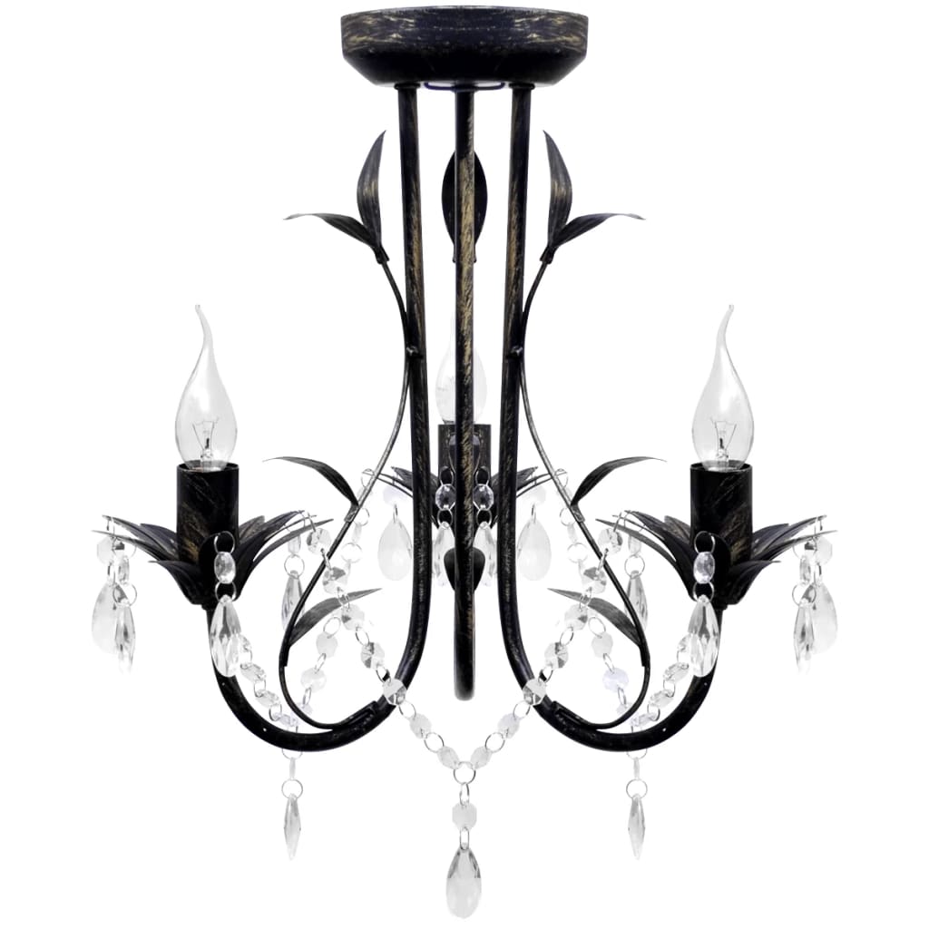 Lustre métal noir style art nouveau + perles crystal 3 x E14 Ampoules