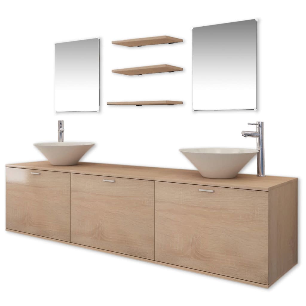 Dix pièces pour salle de bains avec lavabo et robinet beige