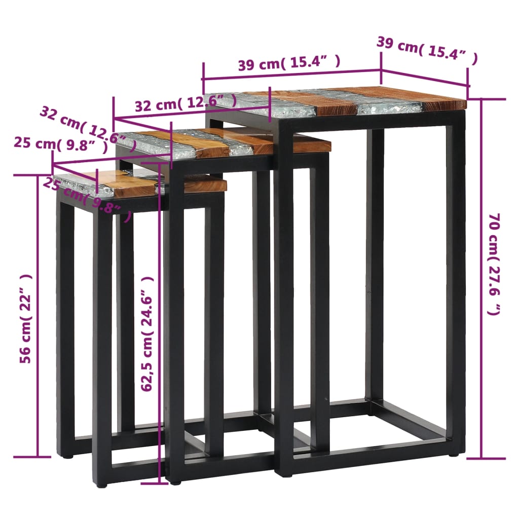 Tables gigognes 3 pcs Bois de teck massif et polyrésine