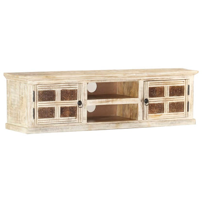 Meuble TV Blanc 130x30x36 cm Bois massif de manguier