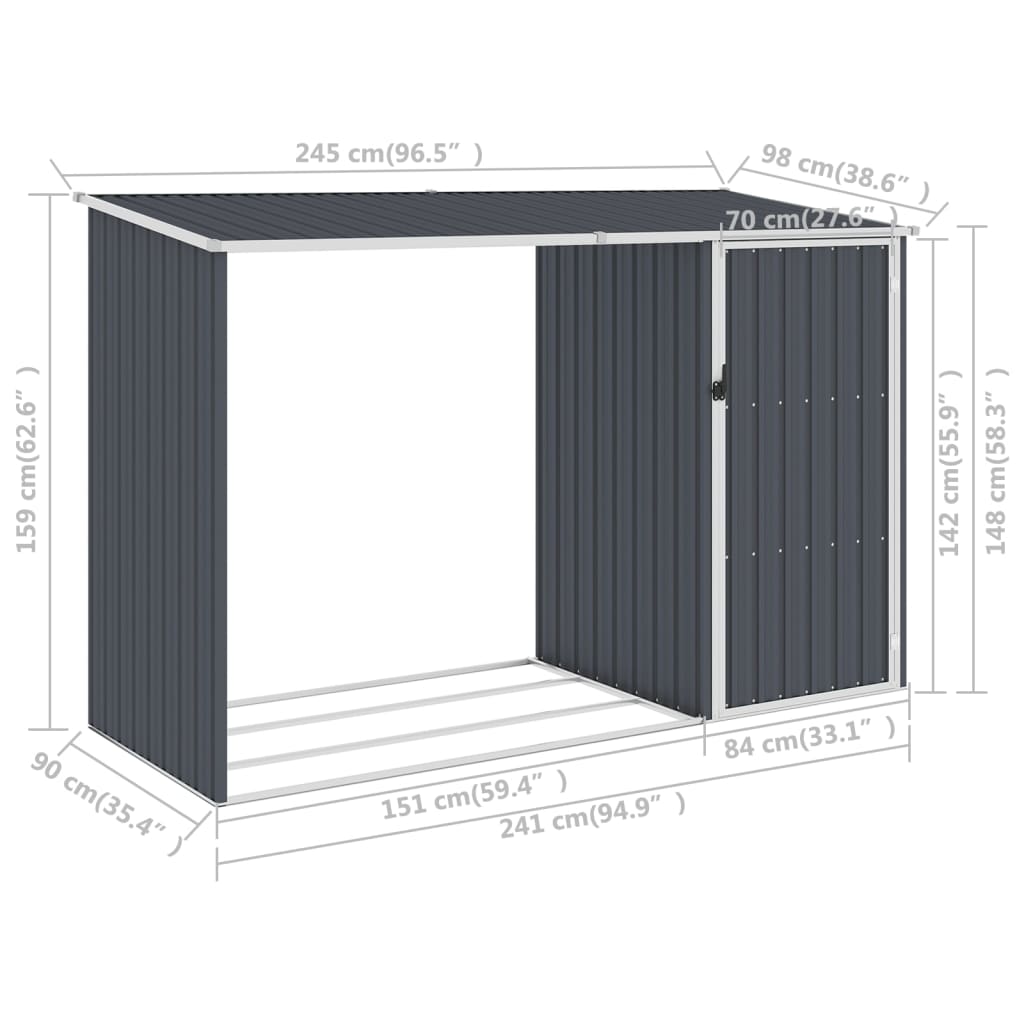 Abri à bois de jardin Anthracite 245x98x159 cm Acier galvanisé