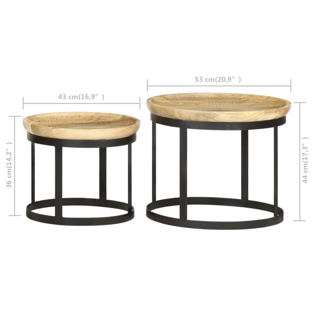 Tables d'appoint rondes 2 pcs Bois de manguier solide et acier