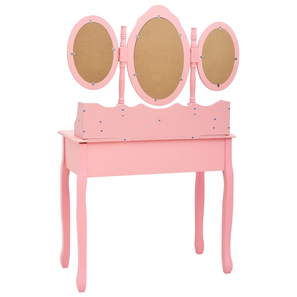 Coiffeuse avec tabouret et miroir pliable en 3 Rose