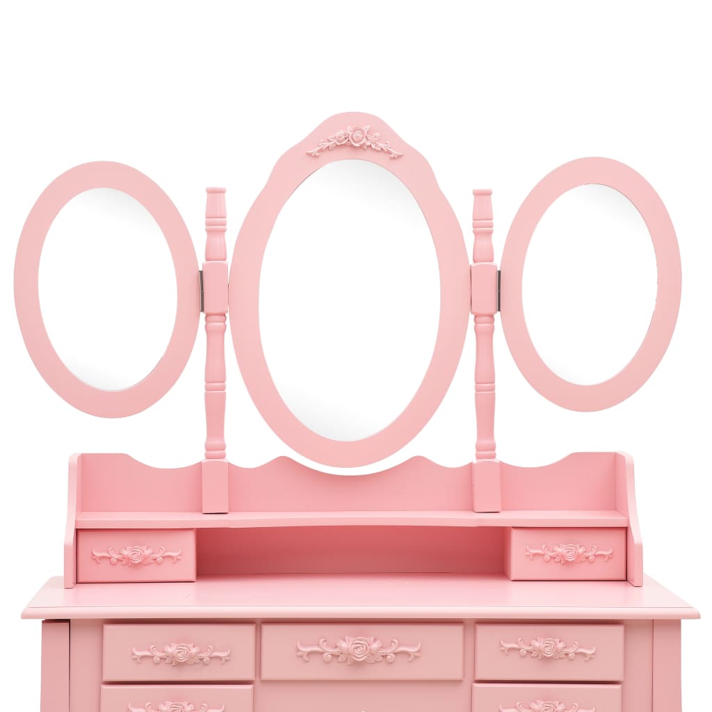 Coiffeuse avec tabouret et miroir pliable en 3 Rose