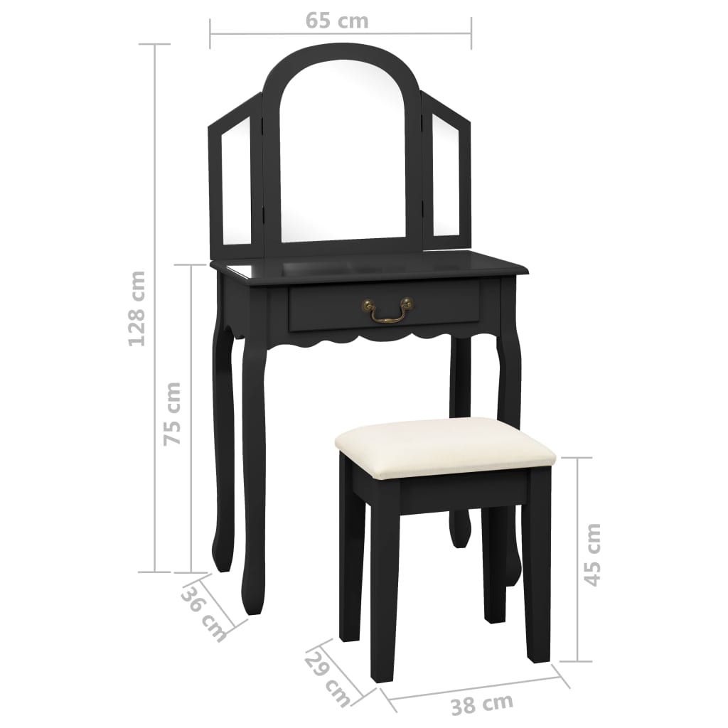 Coiffeuse et tabouret Noir 65x36x128 cm Bois de paulownia MDF