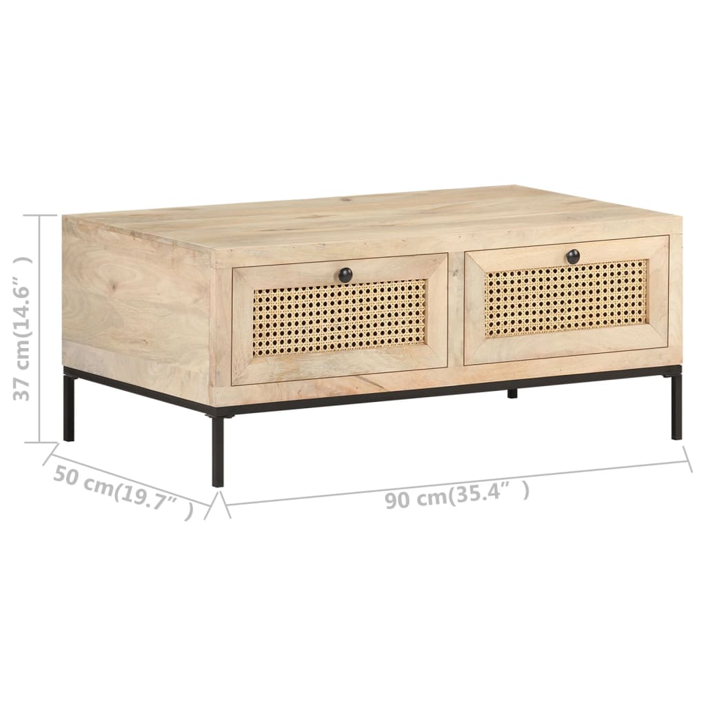 Table basse 90x50x37 cm Bois de manguier et canne naturelle