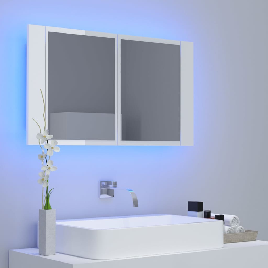 Armoire à miroir de bain à LED Blanc brillant Acrylique