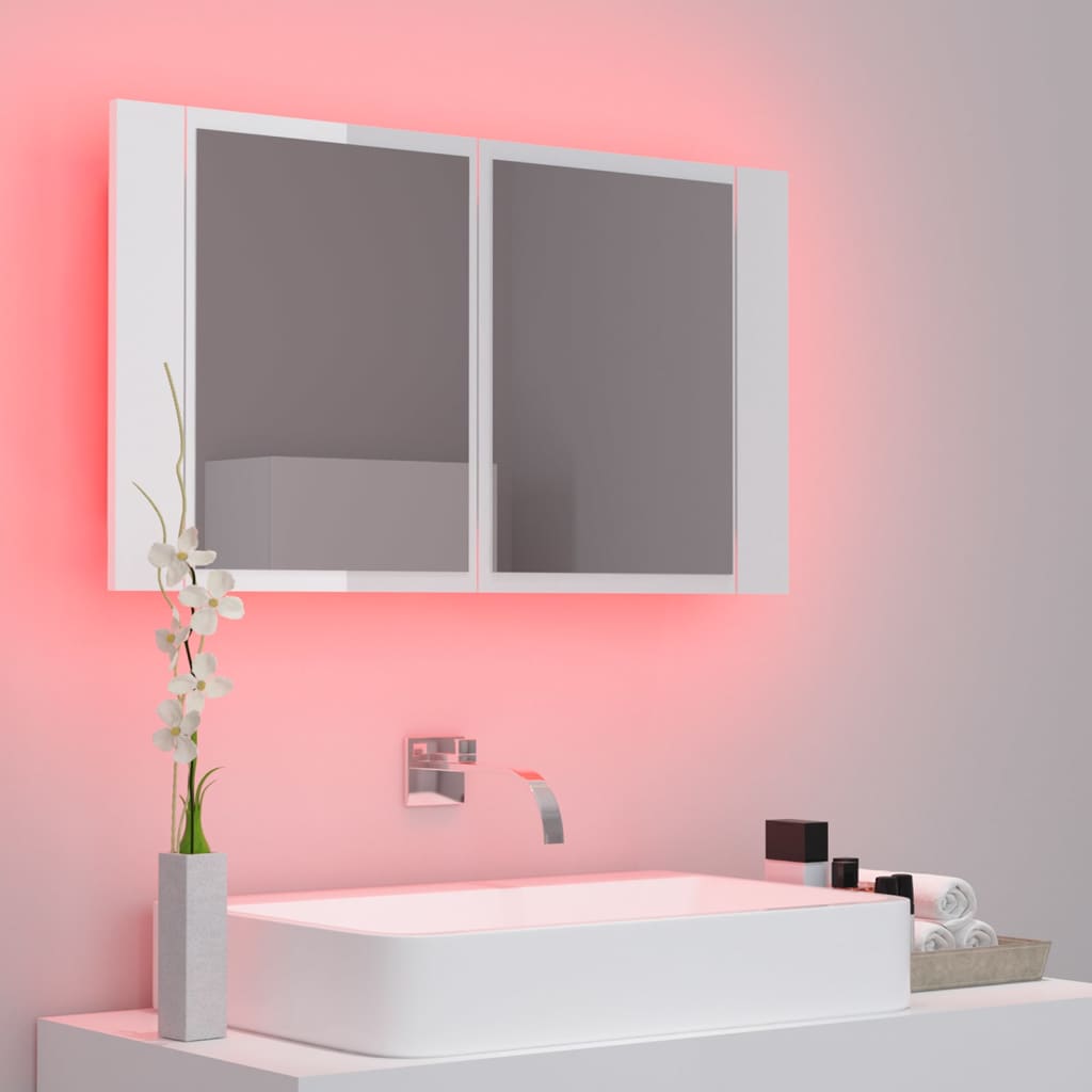 Armoire à miroir de bain à LED Blanc brillant Acrylique