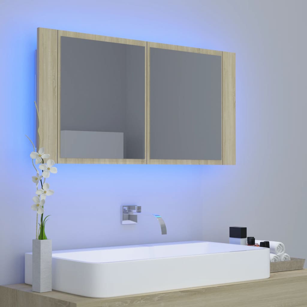 Armoire à miroir à LED de bain Chêne sonoma 90x12x45 Acrylique