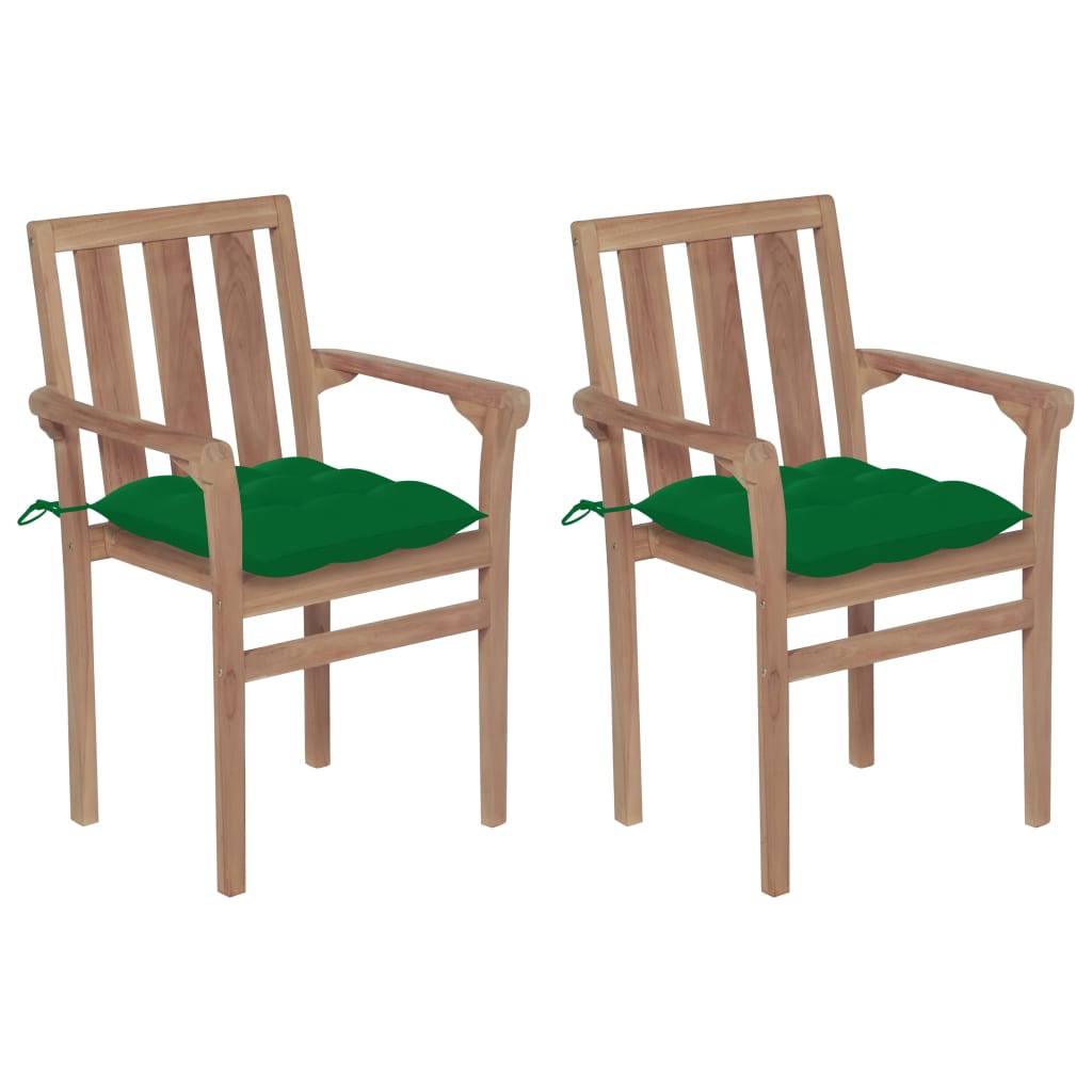 Chaises de jardin lot de 2 et coussins vert Bois de teck massif