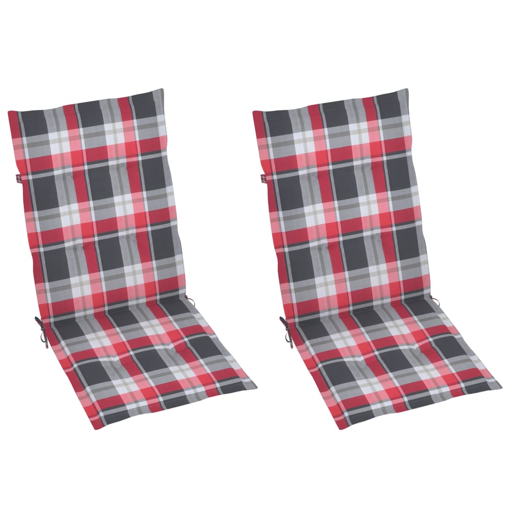 Chaises de jardin lot de 2 et coussins à carreaux rouges Teck