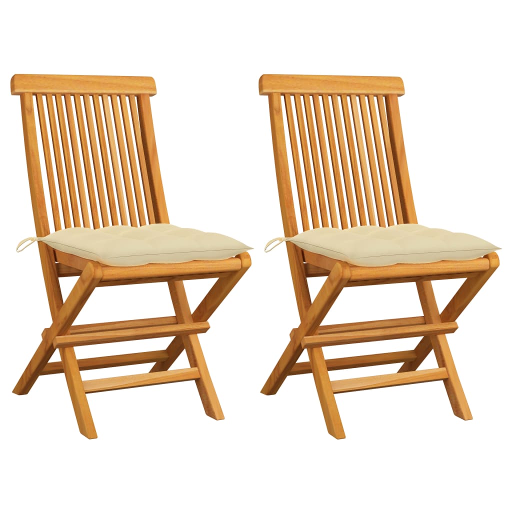 Chaises de jardin lot de 2 et coussins blanc crème Teck massif